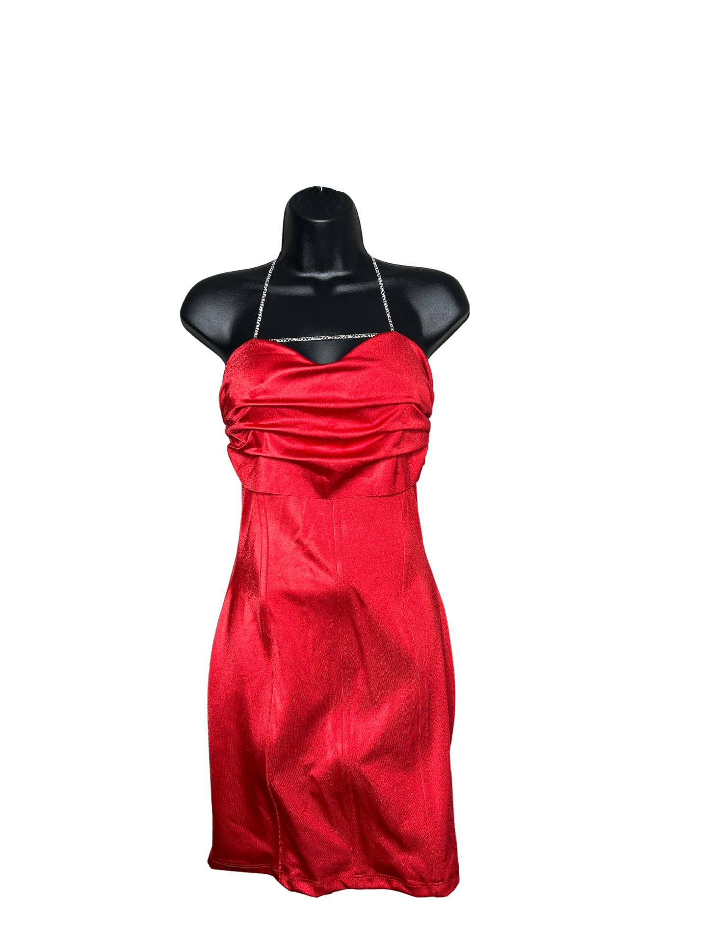 Red Satin Strapless Dress with Silver Necklace Details and Built in Bra