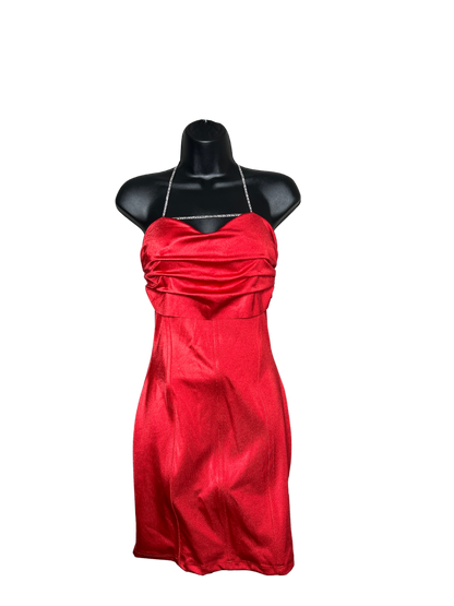 Red Satin Strapless Dress with Silver Necklace Details and Built in Bra