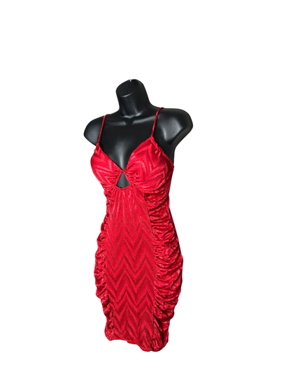 Red Ruched Bodycon Midi Dress with Triangle Cutout and Built In Bra