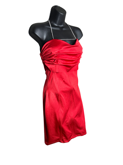 Red Satin Strapless Dress with Silver Necklace Details and Built in Bra