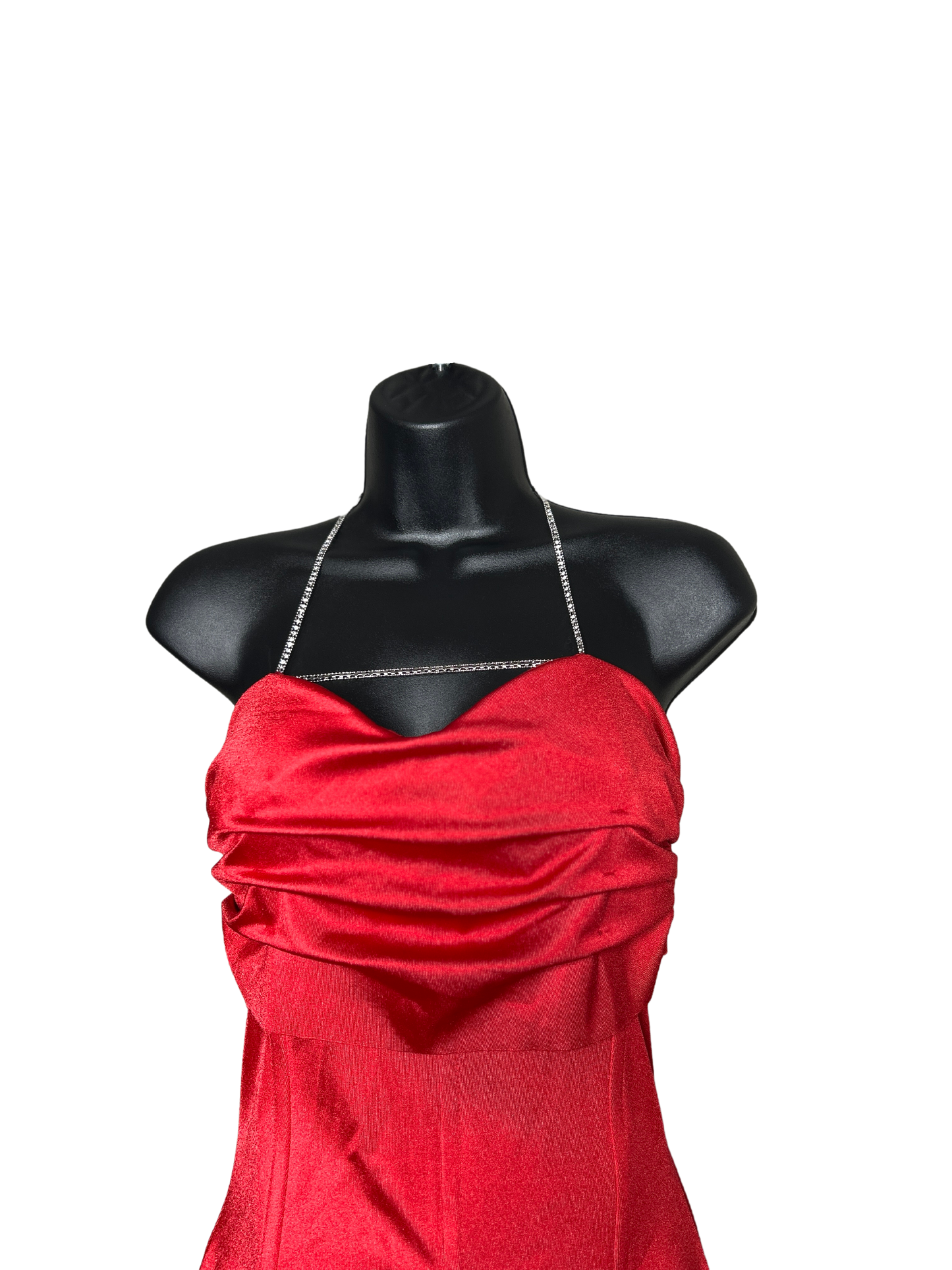 Red Satin Strapless Dress with Silver Necklace Details and Built in Bra