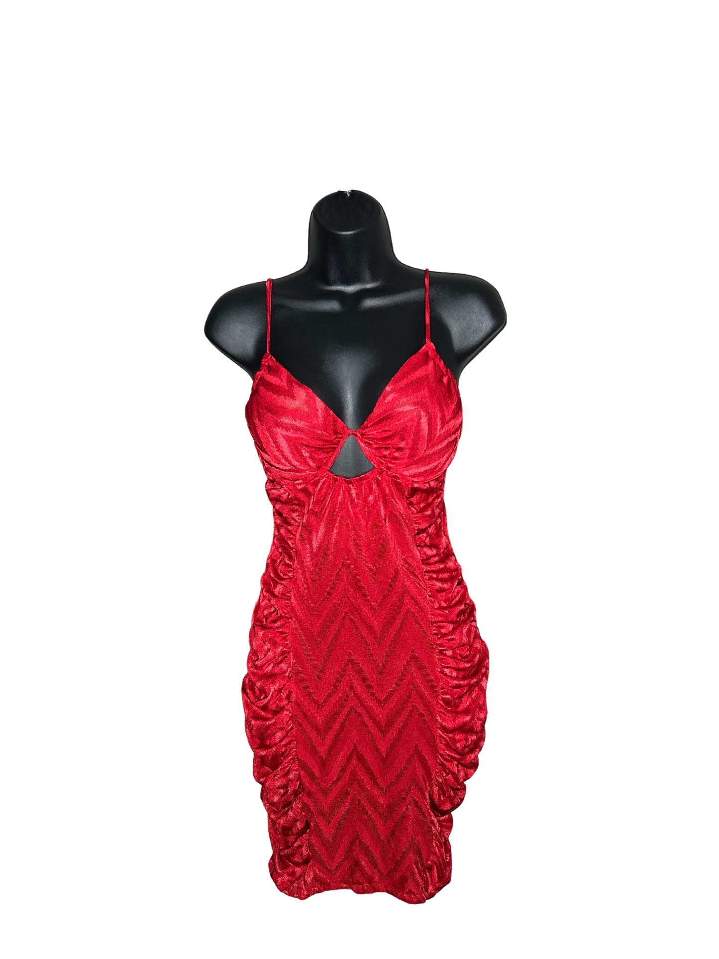 Red Ruched Bodycon Midi Dress with Triangle Cutout and Built In Bra