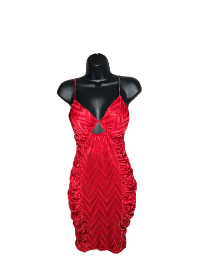 Red Ruched Bodycon Midi Dress with Triangle Cutout and Built In Bra