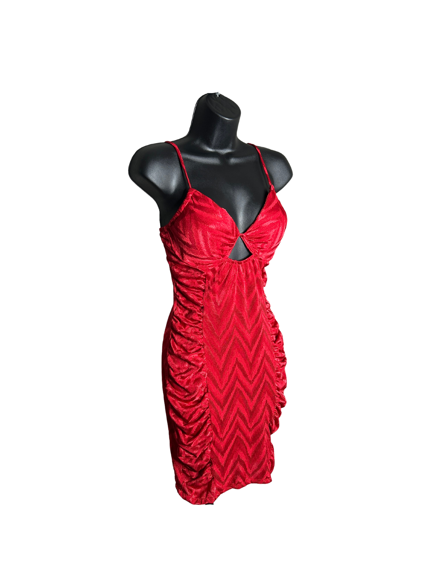 Red Ruched Bodycon Midi Dress with Triangle Cutout and Built In Bra