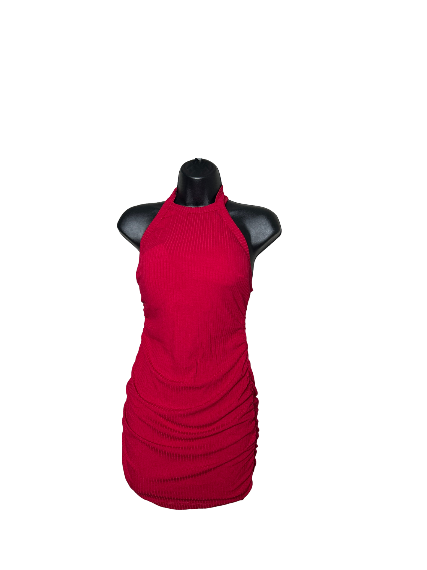 Deep Red Halter Ruched Bodycon Mini Dress with Built in Bra