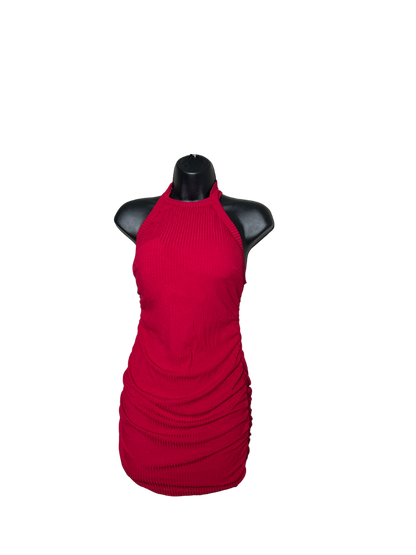 Deep Red Halter Ruched Bodycon Mini Dress with Built in Bra