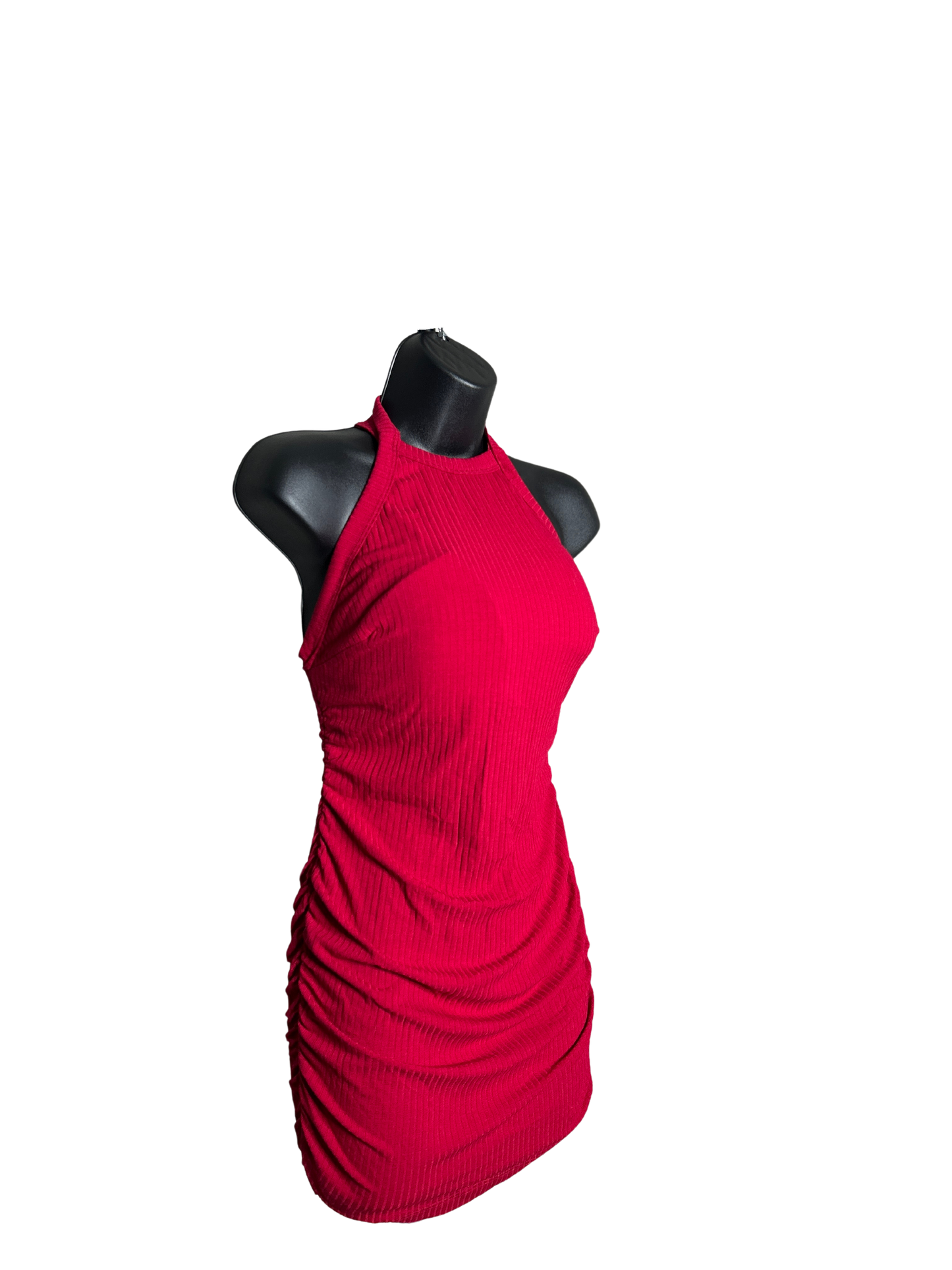 Deep Red Halter Ruched Bodycon Mini Dress with Built in Bra