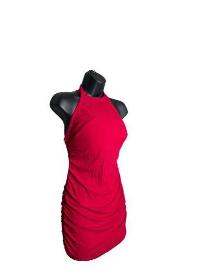 Deep Red Halter Ruched Bodycon Mini Dress with Built in Bra