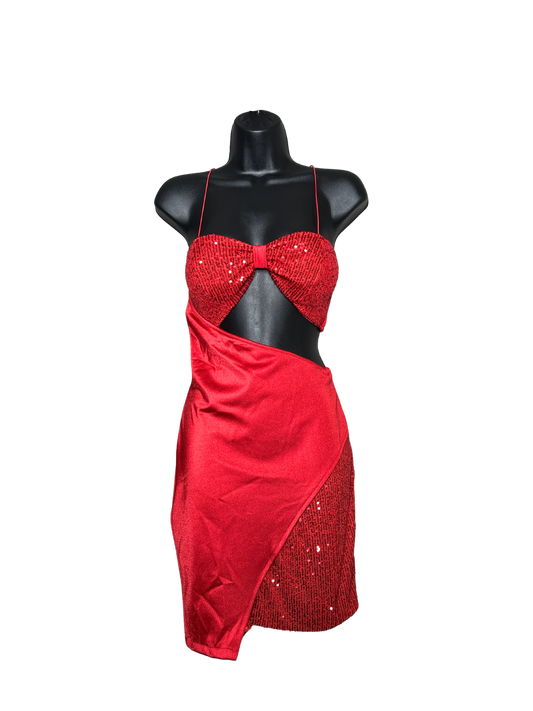 Red Side Cut Sequin Detailed Party Dress with Built in Bra