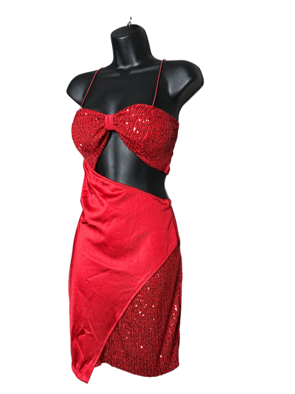 Red Side Cut Sequin Detailed Party Dress with Built in Bra