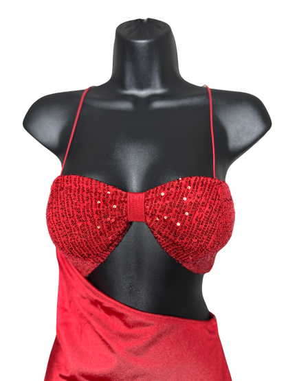 Red Side Cut Sequin Detailed Party Dress with Built in Bra