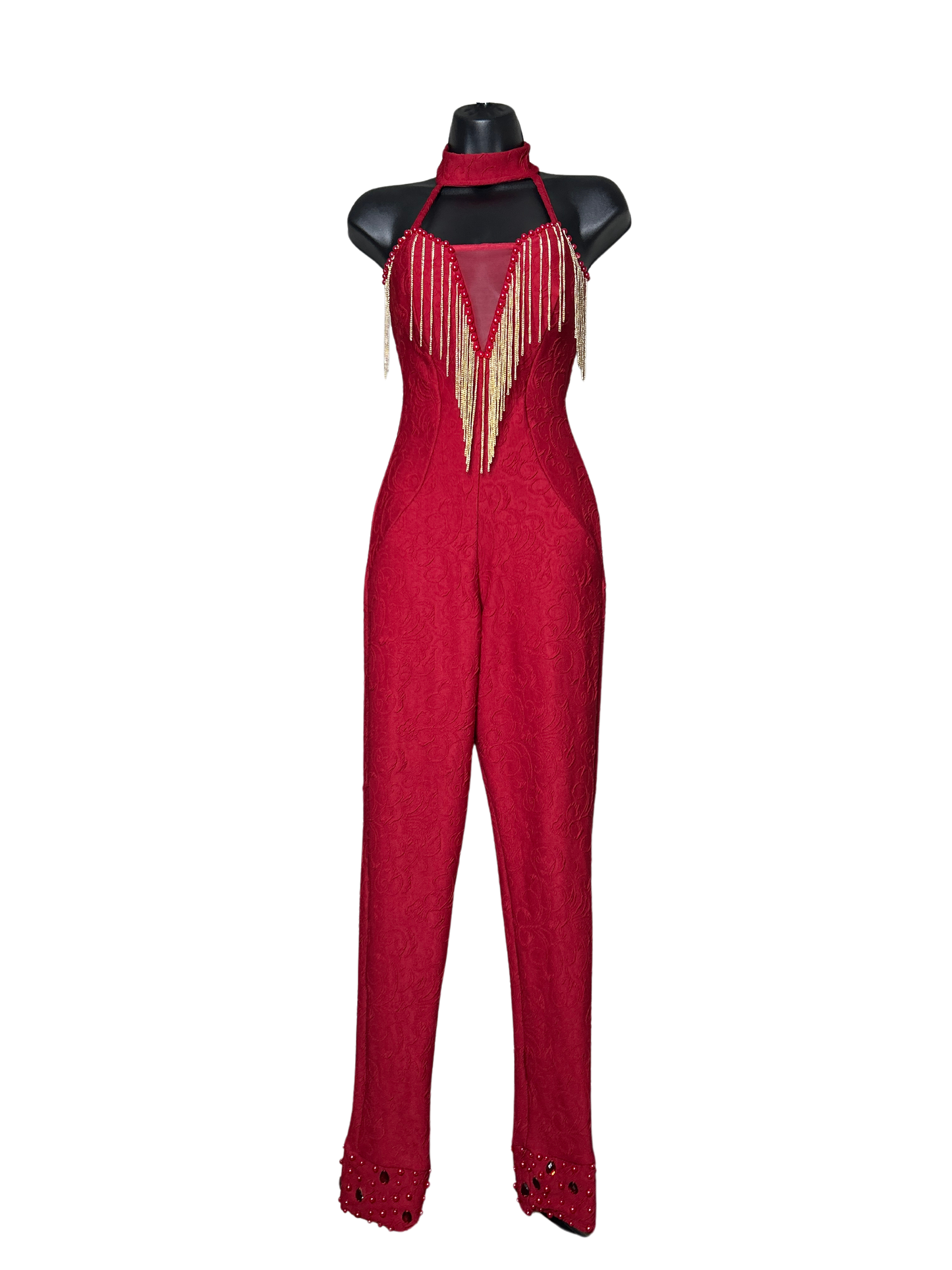 Deep Red Jacquard Jumpsuit with Pearl and Gold Sequin Details and Mesh Cutout with Built in Bra