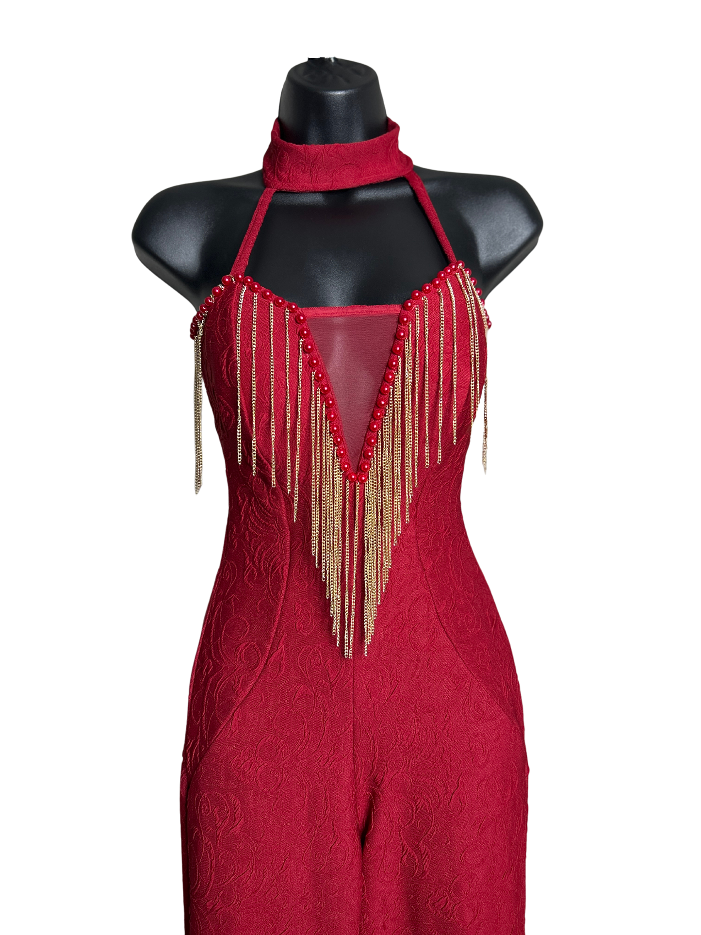 Deep Red Jacquard Jumpsuit with Pearl and Gold Sequin Details and Mesh Cutout with Built in Bra