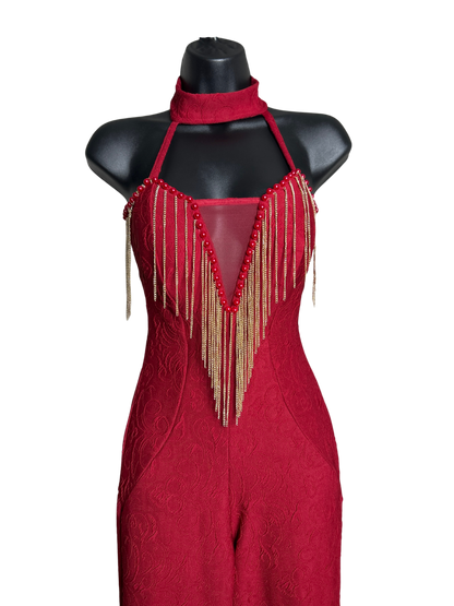 Deep Red Jacquard Jumpsuit with Pearl and Gold Sequin Details and Mesh Cutout with Built in Bra