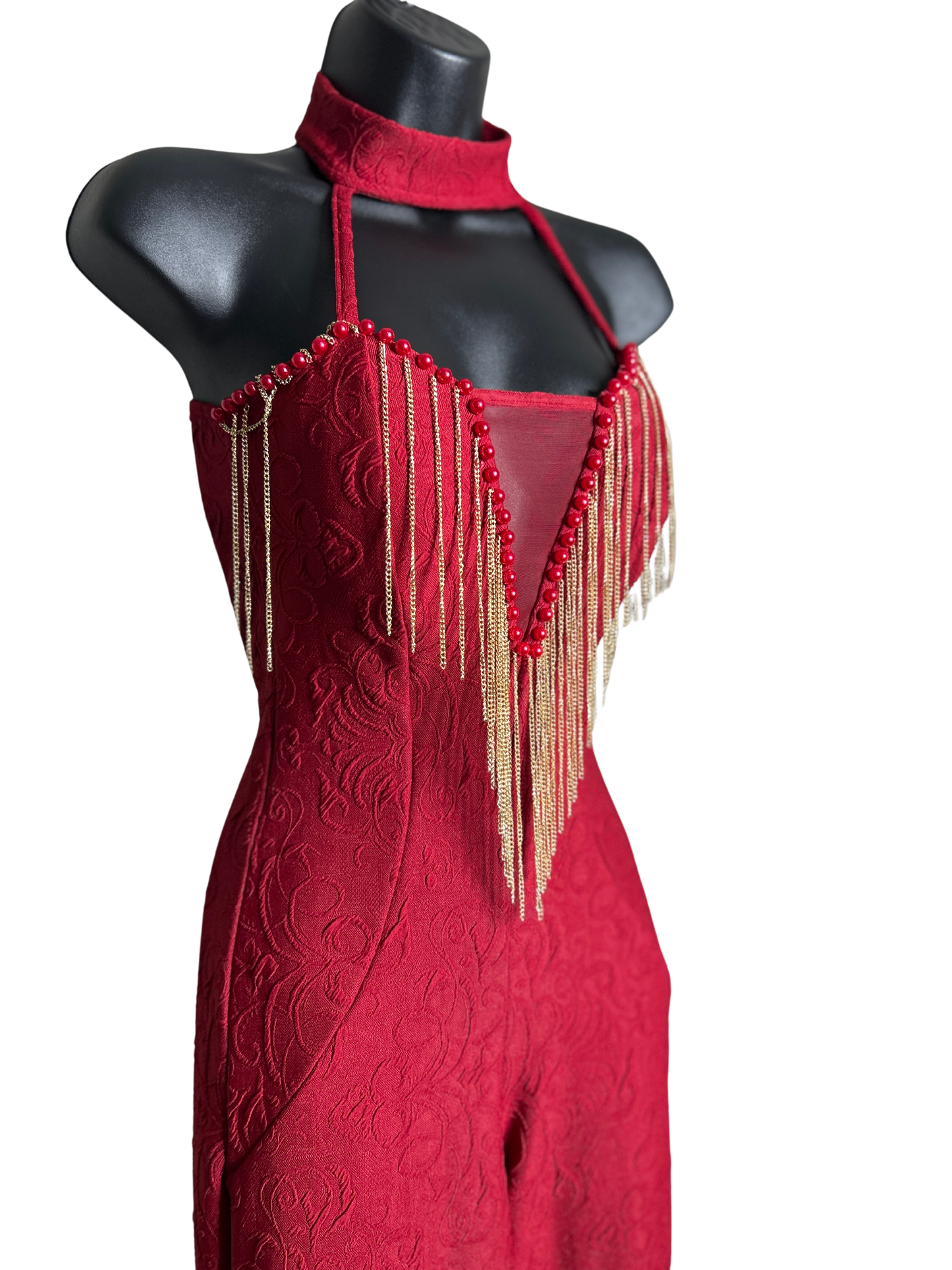 Deep Red Jacquard Jumpsuit with Pearl and Gold Sequin Details and Mesh Cutout with Built in Bra