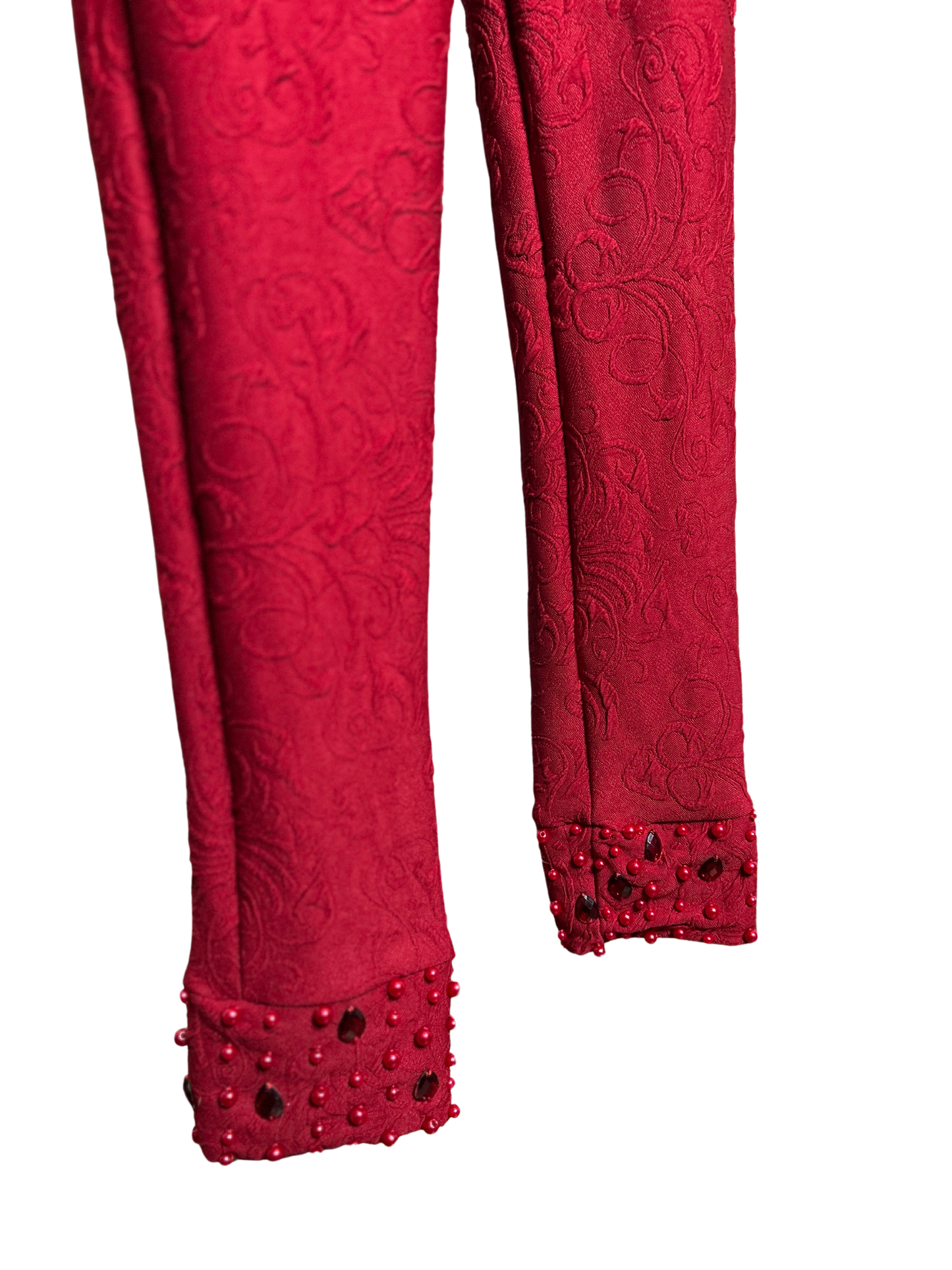 Deep Red Jacquard Jumpsuit with Pearl and Gold Sequin Details and Mesh Cutout with Built in Bra