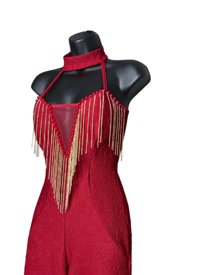 Deep Red Jacquard Jumpsuit with Pearl and Gold Sequin Details and Mesh Cutout with Built in Bra