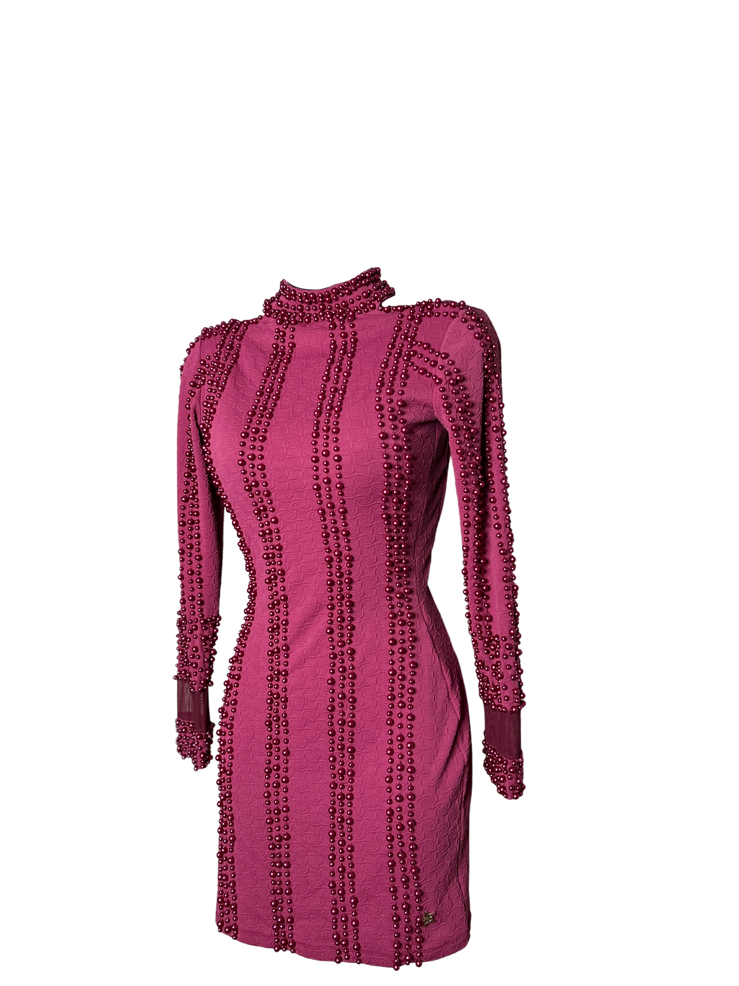 Burgundy Jacquard Long Sleeve Dress  with Pearl  Details and Mesh Panel Wrists with Built in Bra