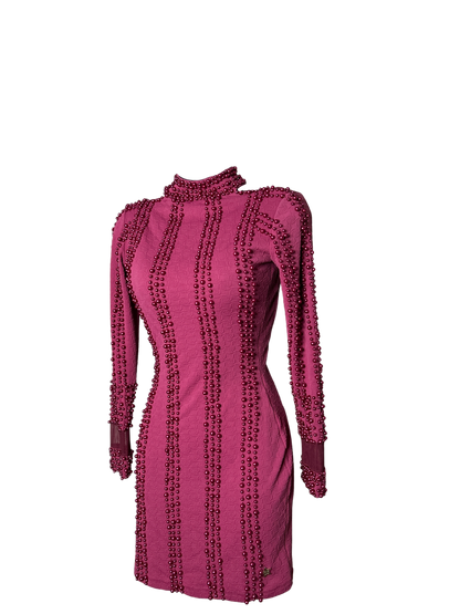 Burgundy Jacquard Long Sleeve Dress  with Pearl  Details and Mesh Panel Wrists with Built in Bra