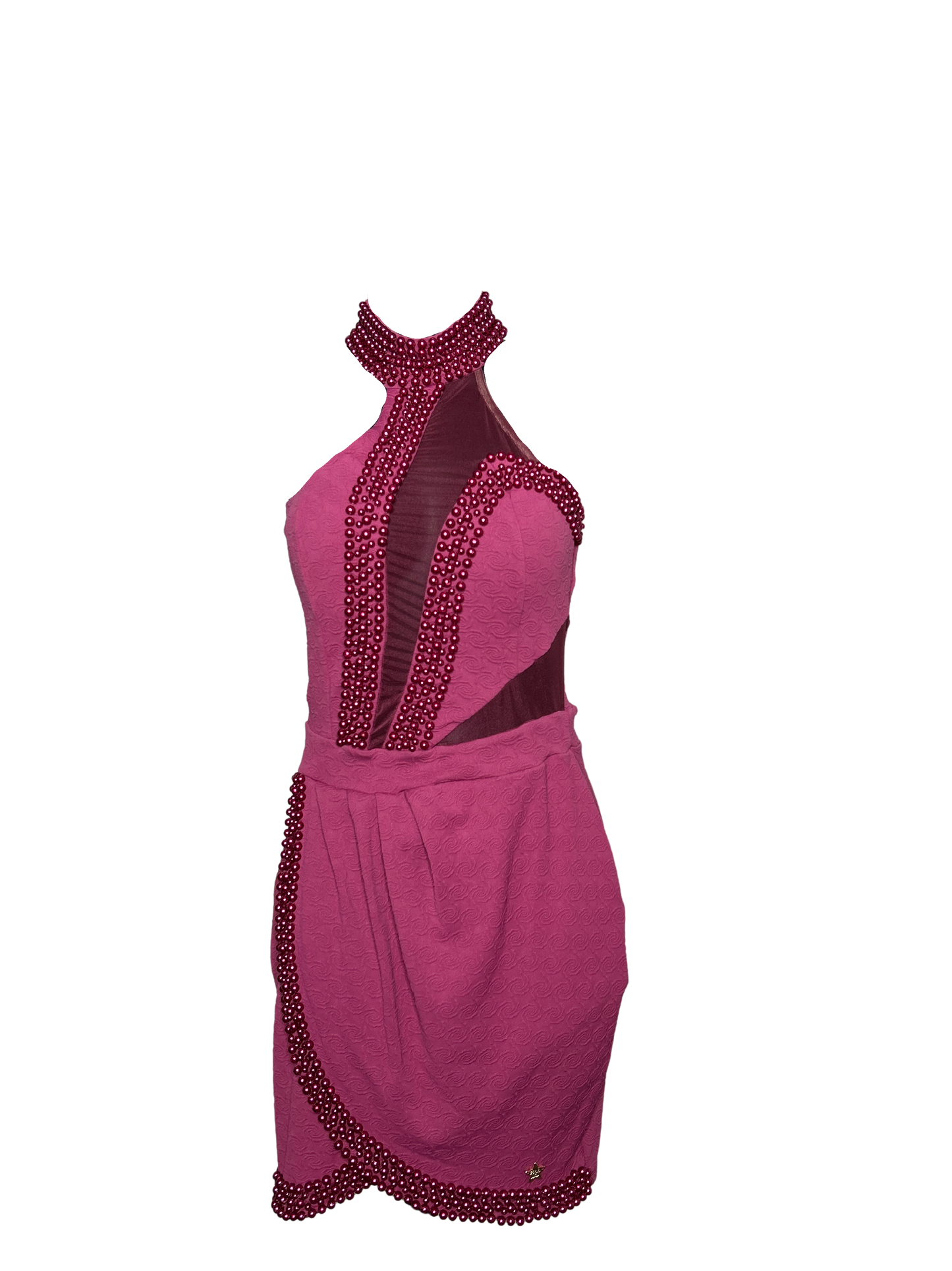 Burgundy Jacquard Sleevess Dress with Pearl  Details and Mesh Panel Cutout with Built in Bra