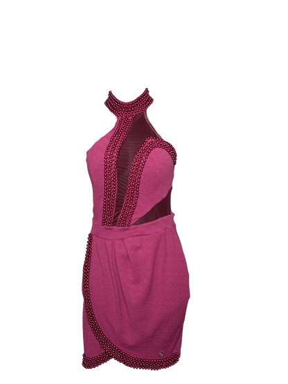 Burgundy Jacquard Sleevess Dress with Pearl  Details and Mesh Panel Cutout with Built in Bra