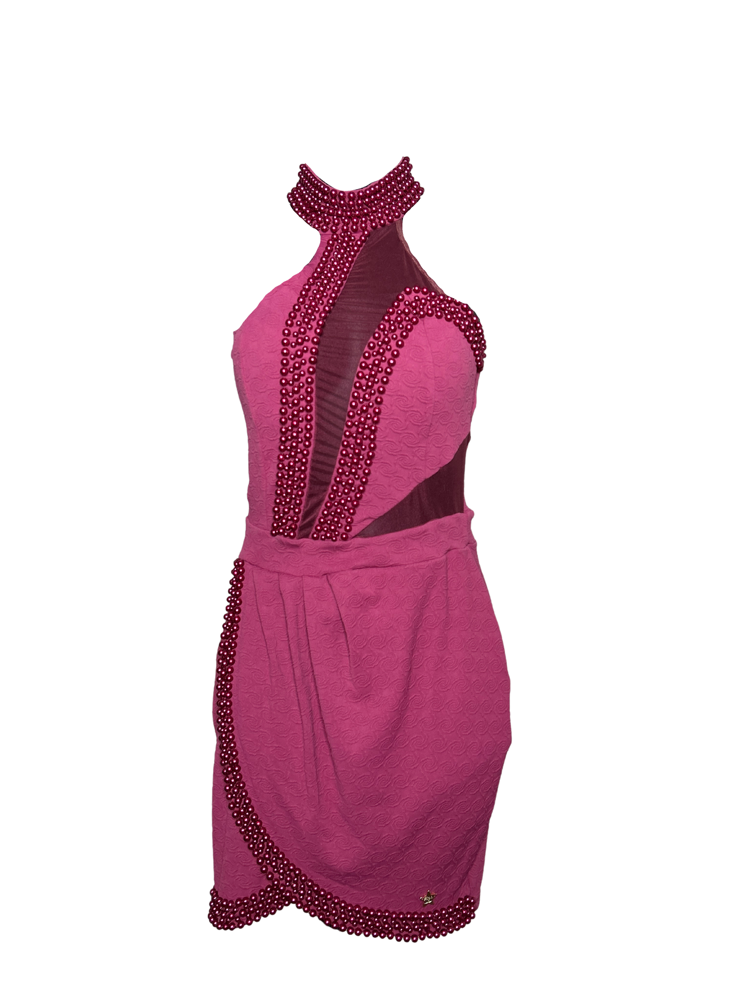 Burgundy Jacquard Sleevess Dress with Pearl  Details and Mesh Panel Cutout with Built in Bra