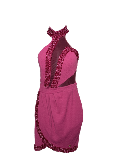 Burgundy Jacquard Sleevess Dress with Pearl  Details and Mesh Panel Cutout with Built in Bra