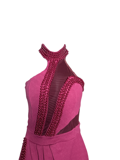 Burgundy Jacquard Sleevess Dress with Pearl  Details and Mesh Panel Cutout with Built in Bra