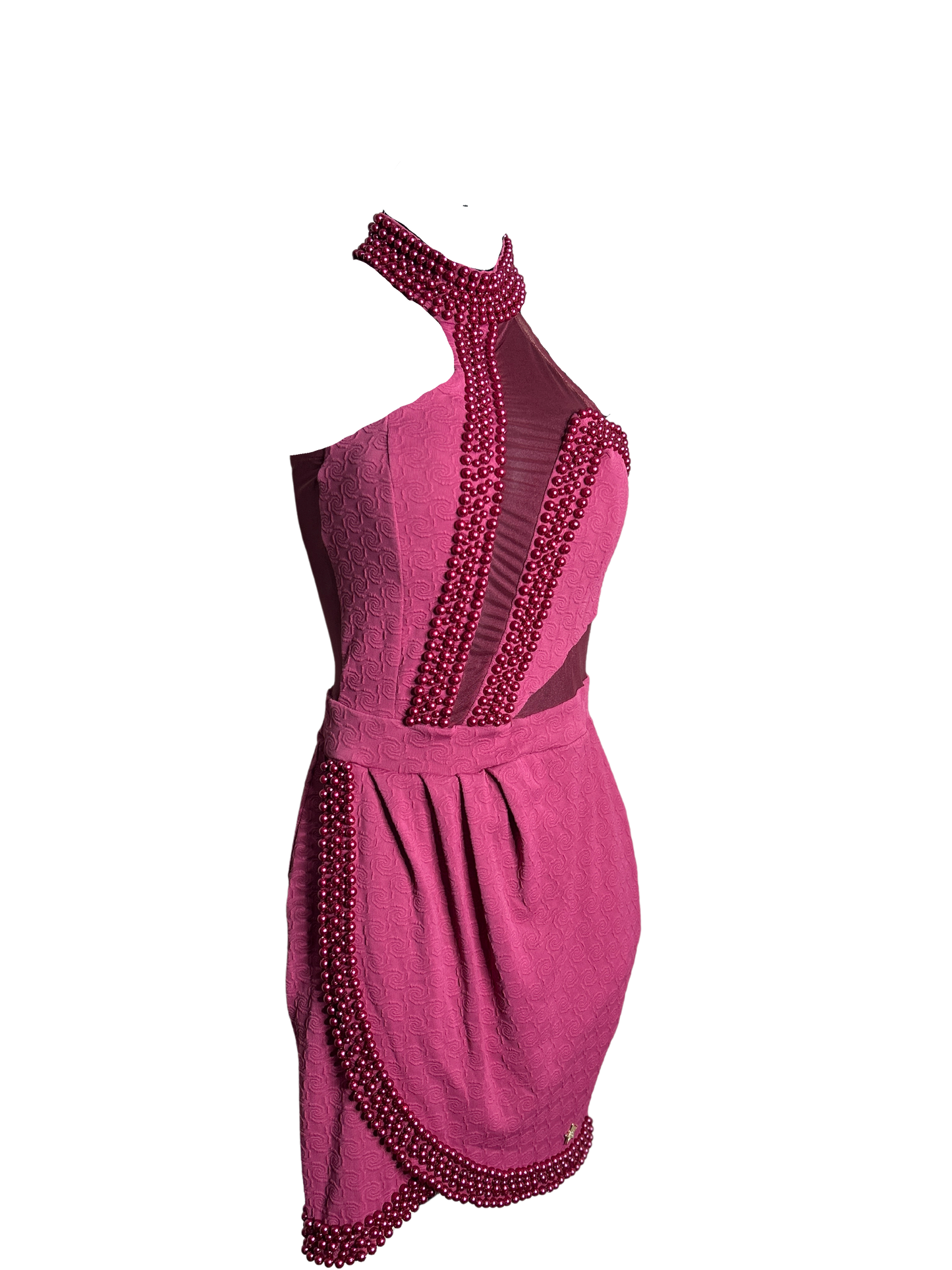 Burgundy Jacquard Sleevess Dress with Pearl  Details and Mesh Panel Cutout with Built in Bra