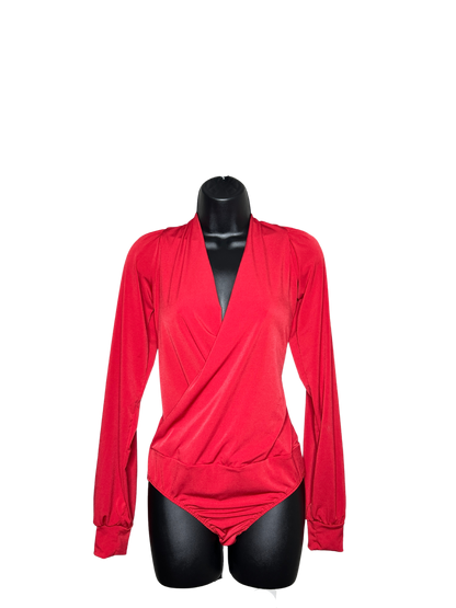 Red Deep Plunge Long Sleeve Bodysuit