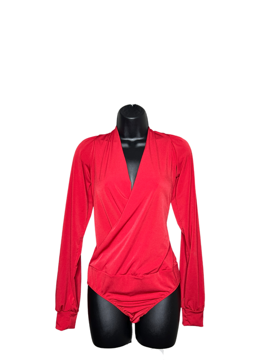 Red Deep Plunge Long Sleeve Bodysuit