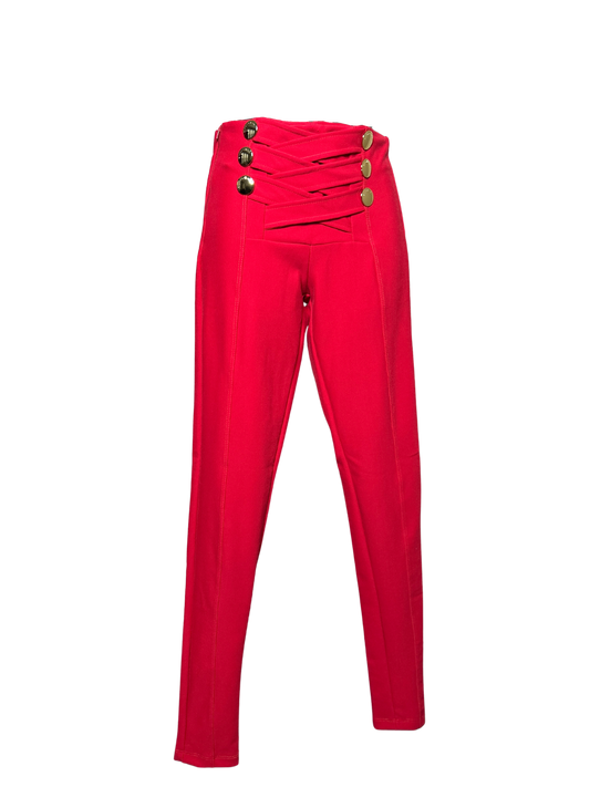 Red Criss Cross and Gold Button Detail Pants