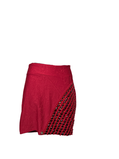 Red Jacquard Skirt with Red Gem Details