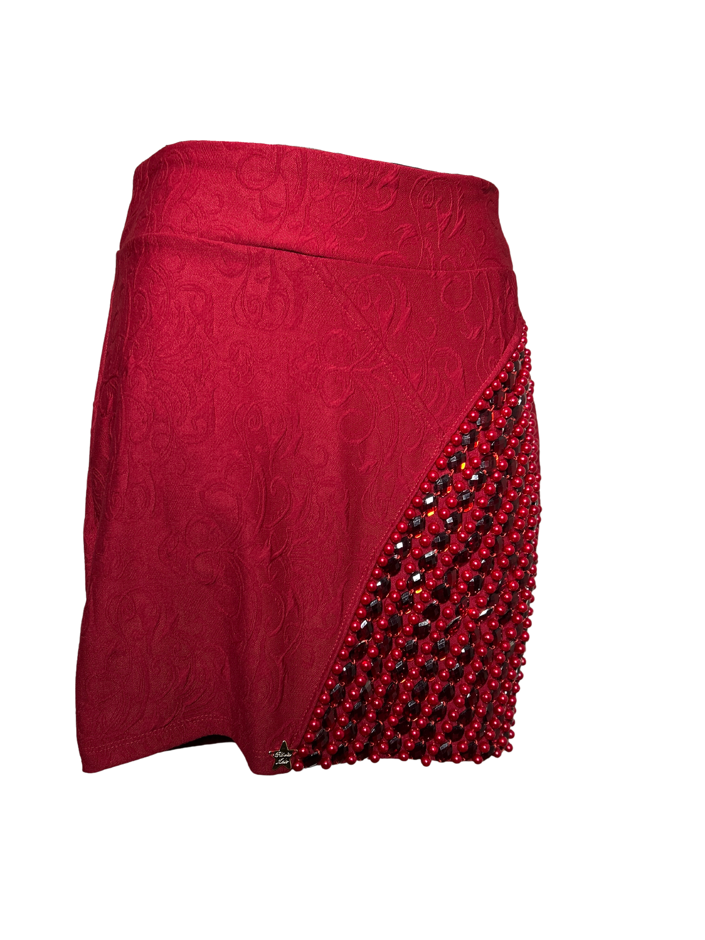 Red Jacquard Skirt with Red Gem Details