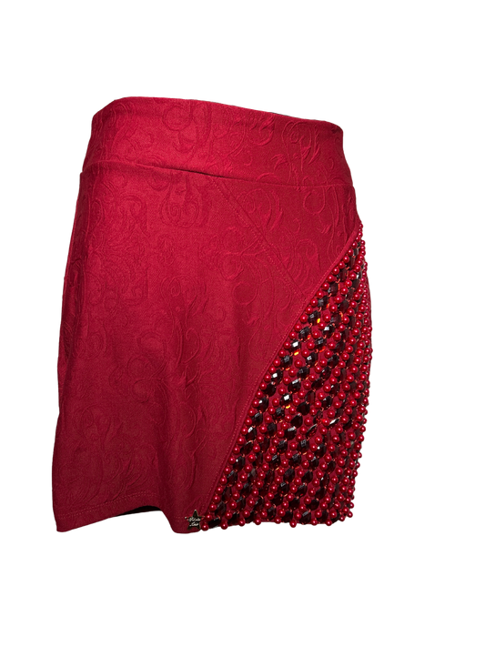 Red Jacquard Skirt with Red Gem Details